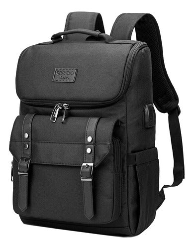 Mochila Vintage De Viaje Para Laptop Con Puerto De Carga Usb Negro