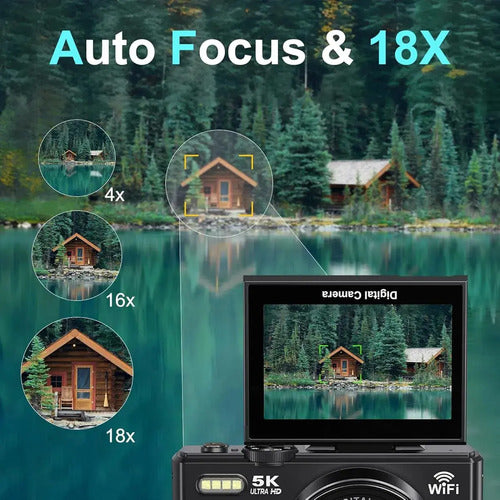 Camara Digital 5k 75mp, Zoom 18x, Pantalla Abatible Wifi Negro