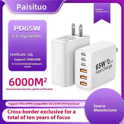 Cargador Rápido 65w 3 Puertos Usb C Y 3 A Estación De Carga Negro