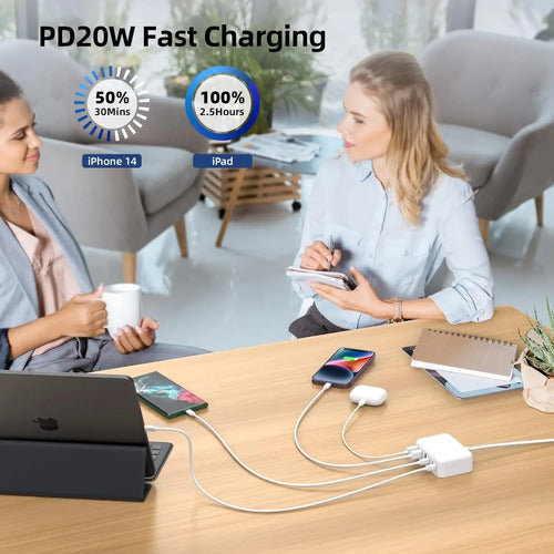 Cargador Rápido Usb C, 100w Gan 6puertos Tipo Usb C Estación Blanco