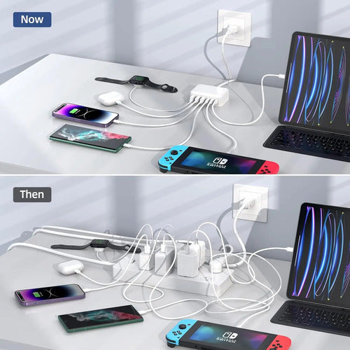 Cargador Rápido De 100w Gan 6 Puertos Tipo Usb C  Est. Carga Blanco