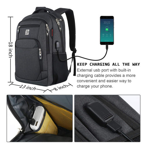 Mochila Para Computadora, Delgada Impermeable, Antirrobo Usb Negro Poliéster