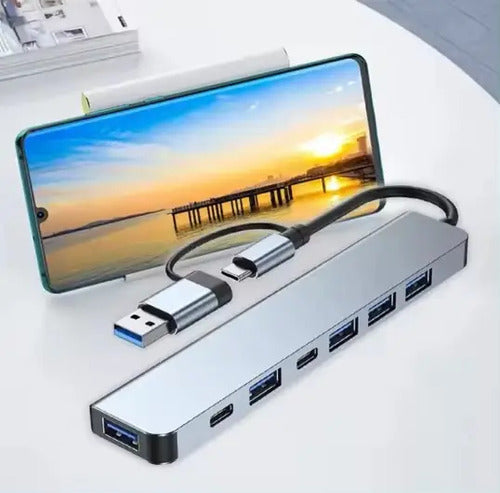 Adaptador Hub Tipo C Y Usb 7 En 1,  5 Usb Y 2 Tipo C Mac Win Gris Oscuro