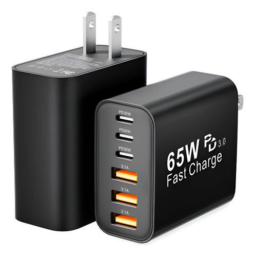 Cargador Rápido 65w 3 Puertos Usb C Y 3 A Estación De Carga Negro