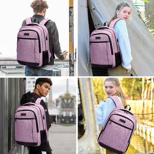 Mochila Para Portátil Con Carga Usb Compatible Poliester Rosa