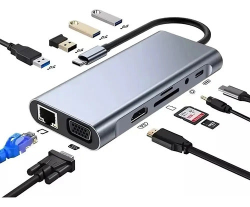 Adaptador Hub Usb C 10 En 1 Hdmi Rj45 Vga Sd Windows Macbook Plateado