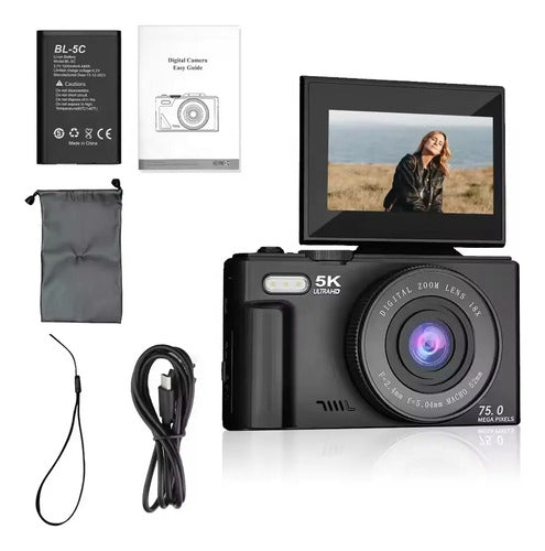 Camara Digital 5k 75mp, Zoom 18x, Pantalla Abatible Wifi Negro