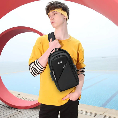 Mochilas Cruzadas Bandolera De Hombro Puerto Usb Con Cerrojo Negro Lona