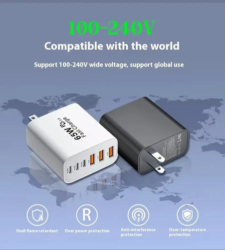 Cargador Rápido 65w 3 Puertos Usb C Y 3 A Estación De Carga Negro