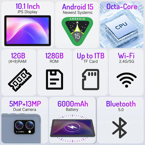 Tablet Android 15 Octacore 12gb Ram 128gb Pantalla Táctil Hd Azul Acero