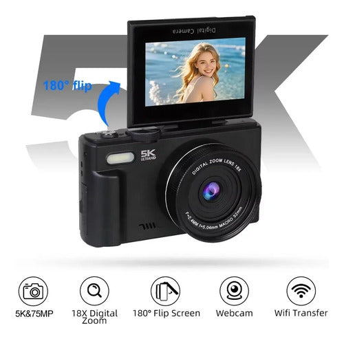 Camara Digital 5k 75mp, Zoom 18x, Pantalla Abatible Wifi Negro