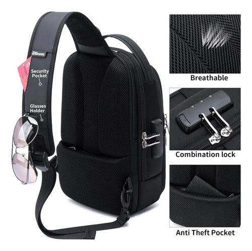 Mochilas Cruzadas Bandolera De Hombro Puerto Usb Con Cerrojo Negro Lona