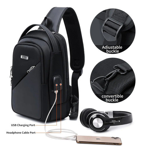 Mochilas Cruzadas Bandolera De Hombro Puerto Usb Con Cerrojo Negro Lona