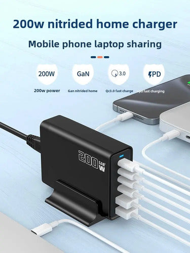 Estacion De Carga Usb C, A De 200 W, Compacta Gan 6 Puertos Negro