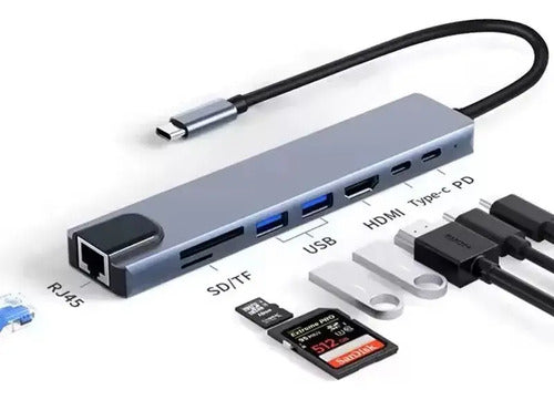 Adaptador Hub 8en1 Multipuertos Rj45 Hdmi Usb C Lector Sd/tf Gris
