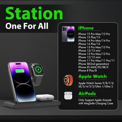 Estación De Carga 3 En 1 Para iPhone Y Series Galaxy Negro
