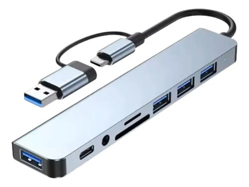 Adaptador Hub 8en1 Multipuertos Rj45 Hdmi Usb C Lector Sd/tf Gris