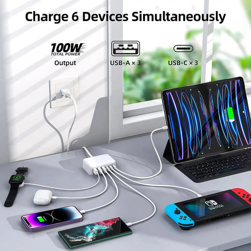 Cargador Rápido De 100w Gan 6 Puertos Tipo Usb C  Est. Carga Blanco