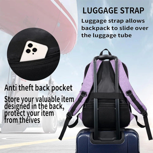 Mochila Para Portátil Con Carga Usb Compatible Poliester Rosa