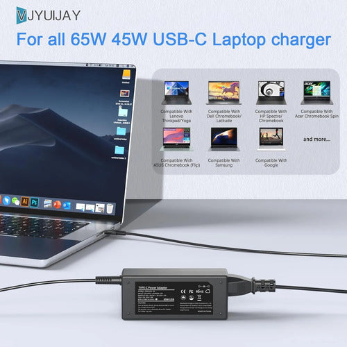 Cargador Usb Tipo-c 65w Lukito Notebooks Lenovo Hp Dell Huaw Negro