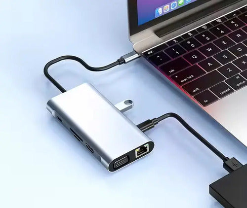 Adaptador Hub Usb C 10 En 1 Hdmi Rj45 Vga Sd Windows Macbook Plateado