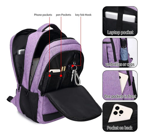 Mochila Para Portátil Con Carga Usb Compatible Poliester Rosa