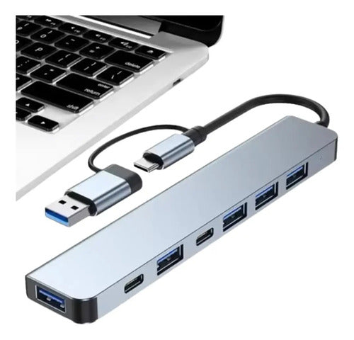Adaptador Hub Tipo C Y Usb 7 En 1,  5 Usb Y 2 Tipo C Mac Win Gris Oscuro