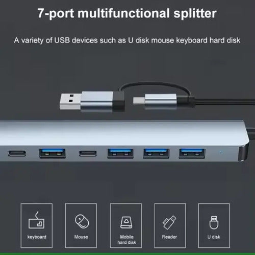 Adaptador Hub Tipo C Y Usb 7 En 1,  5 Usb Y 2 Tipo C Mac Win Gris Oscuro
