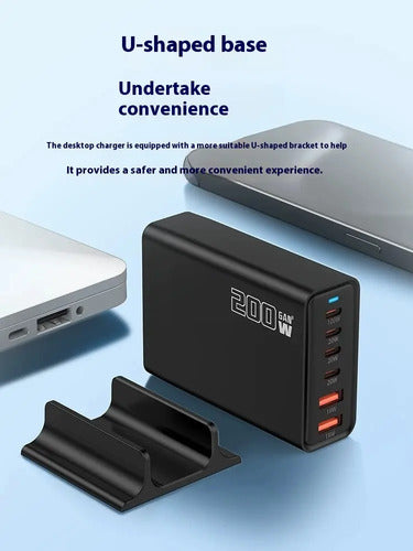 Estacion De Carga Usb C, A De 200 W, Compacta Gan 6 Puertos Negro