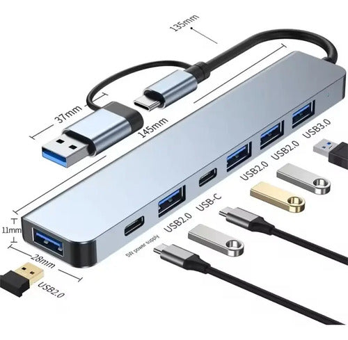 Adaptador Hub Tipo C Y Usb 7 En 1,  5 Usb Y 2 Tipo C Mac Win Gris Oscuro