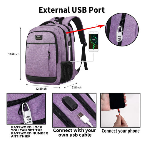 Mochila Para Portátil Con Carga Usb Compatible Poliester Rosa