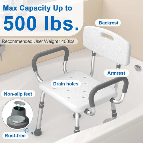 Silla De Ducha Ajustable Con Espaldar Y Brazos 500 Lbs