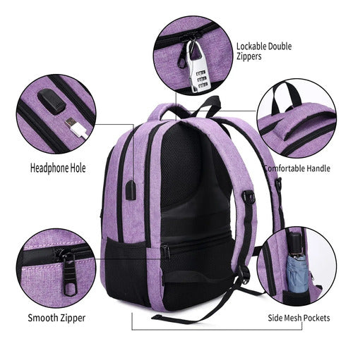 Mochila Para Portátil Con Carga Usb Compatible Poliester Rosa