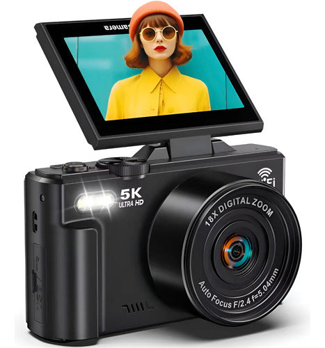 Camara Digital 5k 75mp, Zoom 18x, Pantalla Abatible Wifi Negro