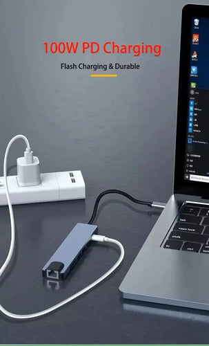 Adaptador Hub 8en1 Multipuertos Rj45 Hdmi Usb C Lector Sd/tf Gris