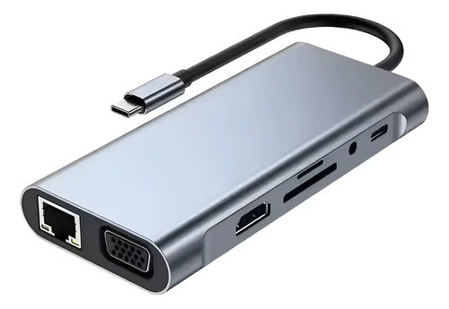 Adaptador Hub Usb C 10 En 1 Hdmi Rj45 Vga Sd Windows Macbook Plateado