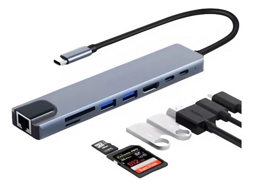 Adaptador Hub 8en1 Multipuertos Rj45 Hdmi Usb C Lector Sd/tf Gris