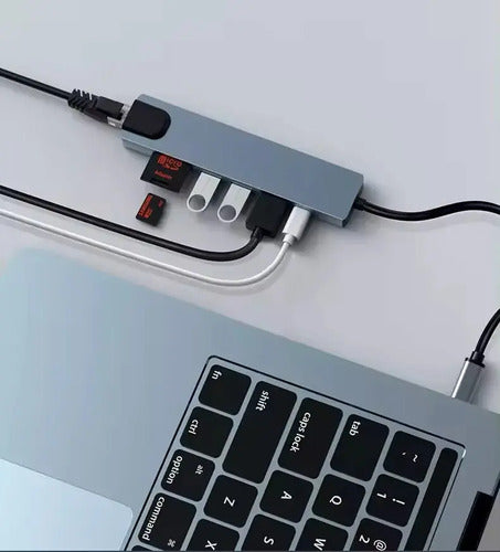 Adaptador Hub 8en1 Multipuertos Rj45 Hdmi Usb C Lector Sd/tf Gris