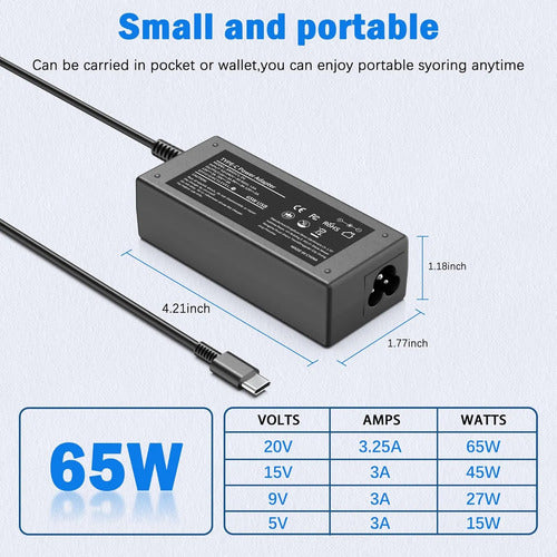 Cargador Usb Tipo-c 65w Lukito Notebooks Lenovo Hp Dell Huaw Negro