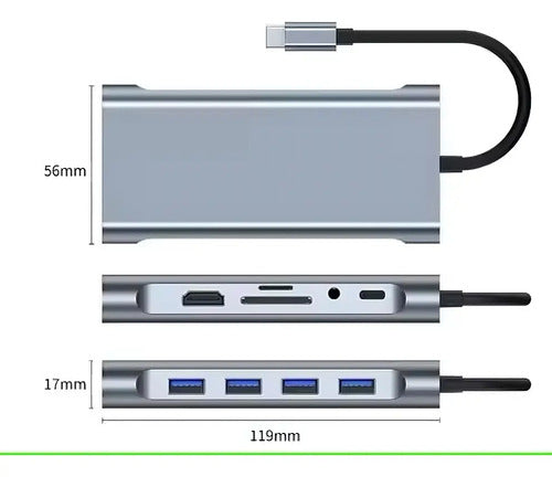 Adaptador Hub Usb C 10 En 1 Hdmi Rj45 Vga Sd Windows Macbook Plateado