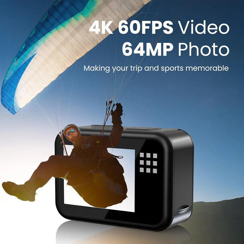 Cámara De Acción 4k 60 Fps 64 Mp Impermeable Deportiva Negro