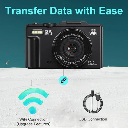 Camara Digital 5k 75mp, Zoom 18x, Pantalla Abatible Wifi Negro